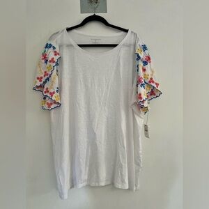 TALBOTS Plus Floral Embroidered White Flutter Sleeve Mature Boho Preppy Tee 3X